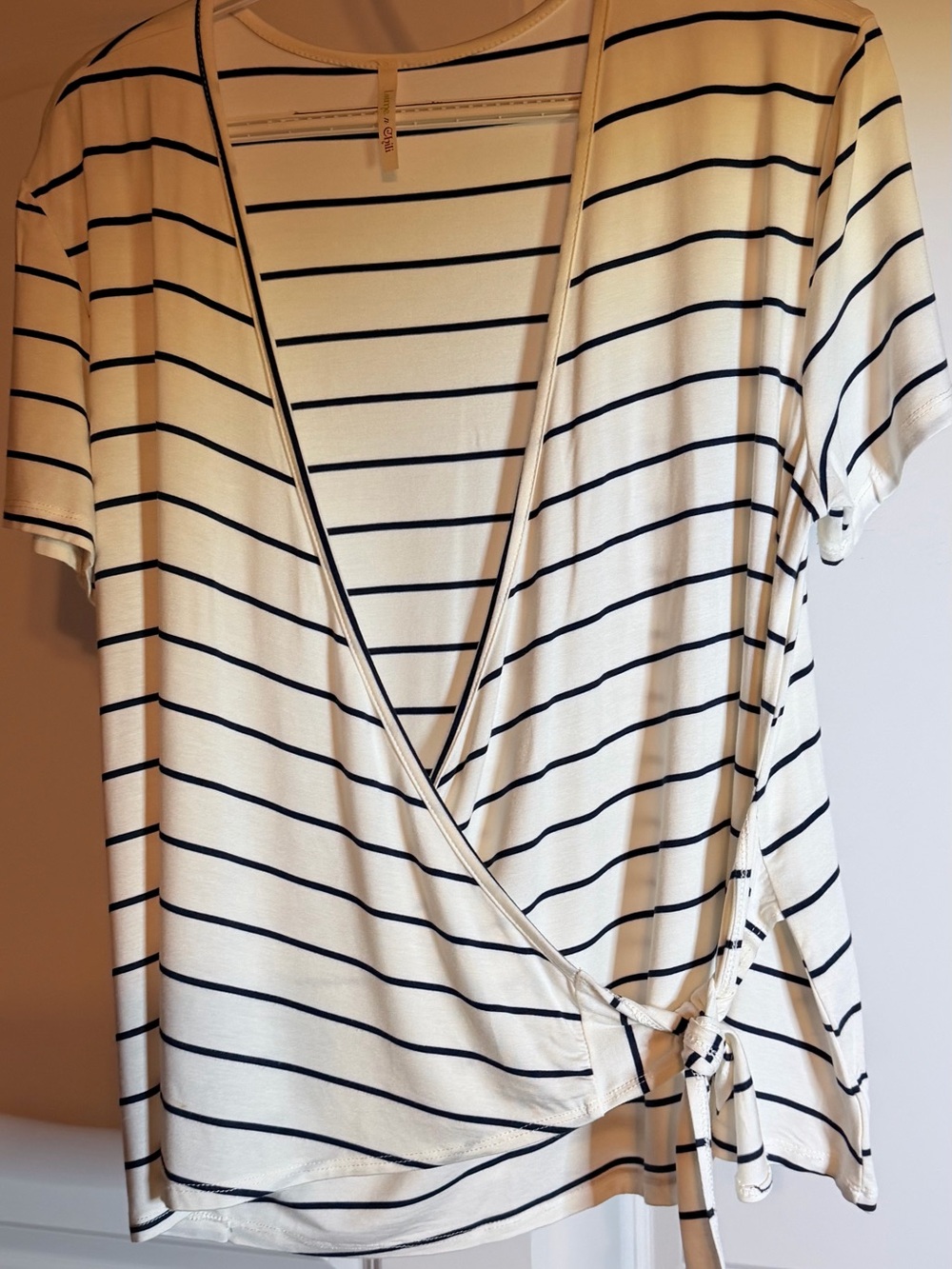 Striped Wrap Front Short-Sleeve Top - White & Black